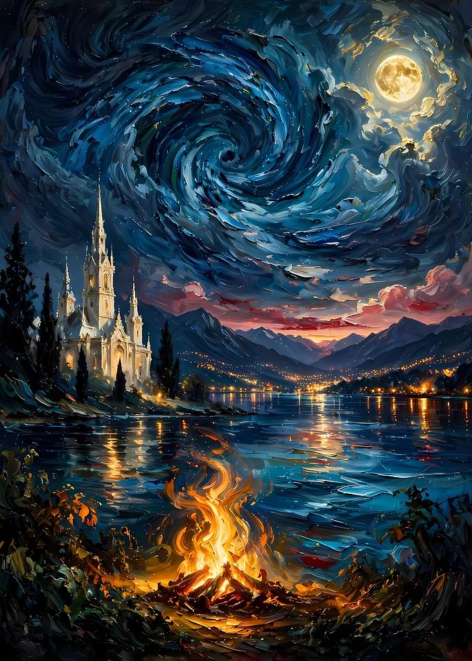 Van Gogh Style Castle by Lake