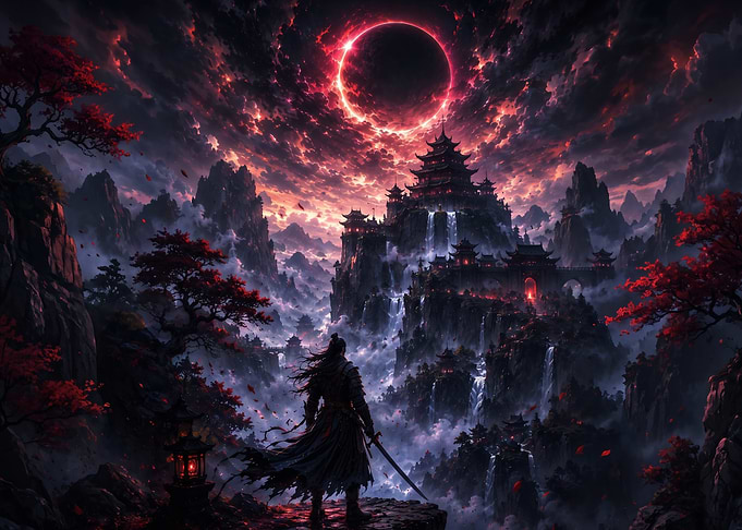 Warrior Facing a Dark Eclipse Temple