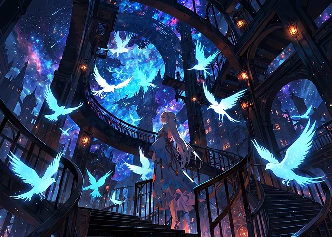 Girl Standing Amidst Glowing Spirit Birds