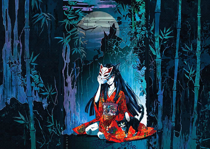 Anime Girl with Kitsune Mask