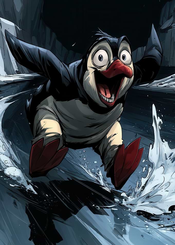 Excited Penguin Sliding on Ice