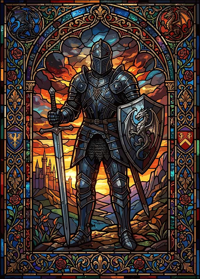 Stained Glass Knight with Dragon Shield