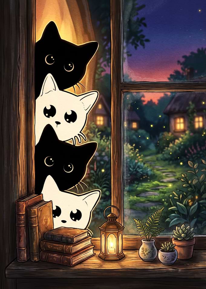 Four Cats Peeking Through Window
