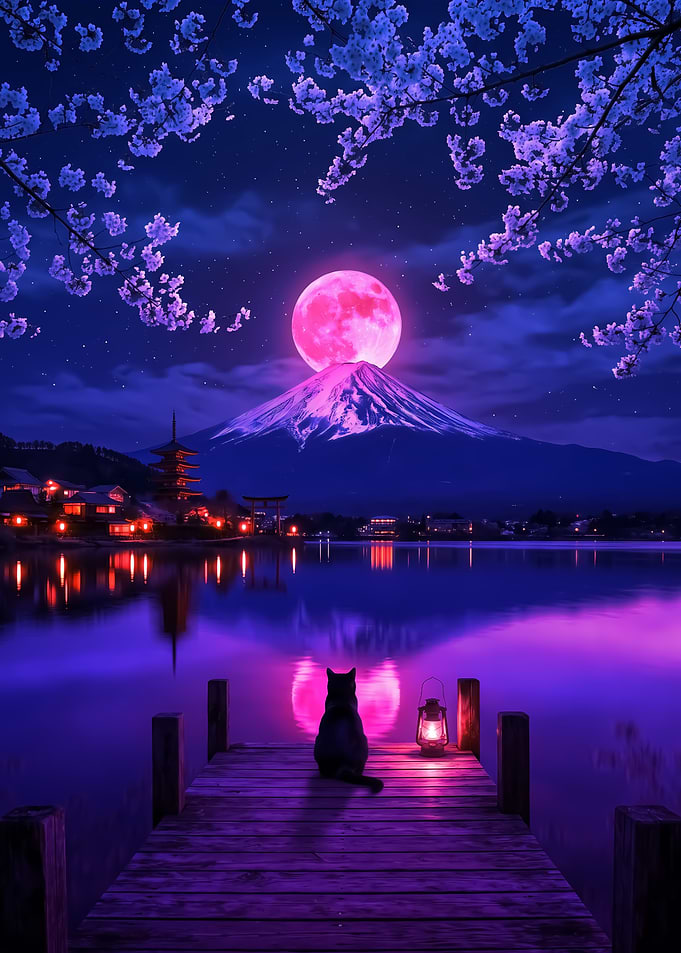 Cat Watching Mount Fuji at Night