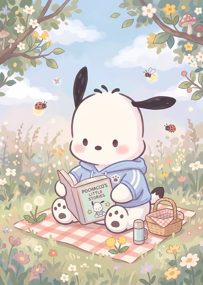Pochacco Reading in a Spring Meadow