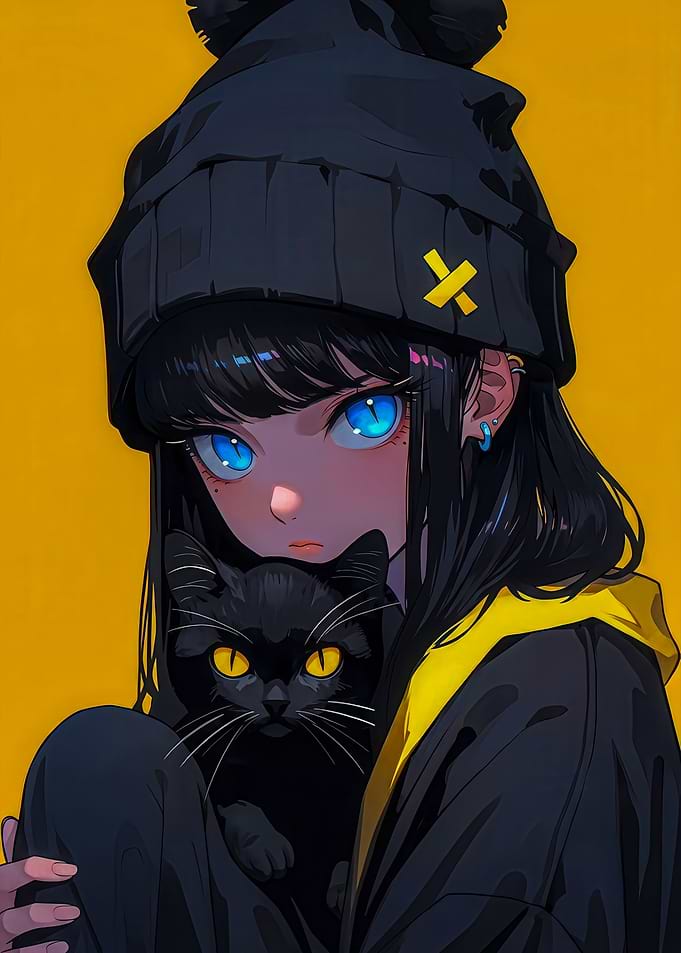 Anime Girl with Black Cat