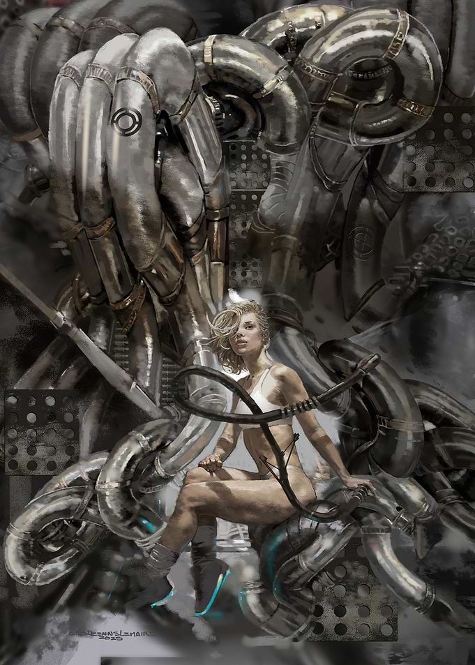 Woman Amidst Industrial Metal Pipes