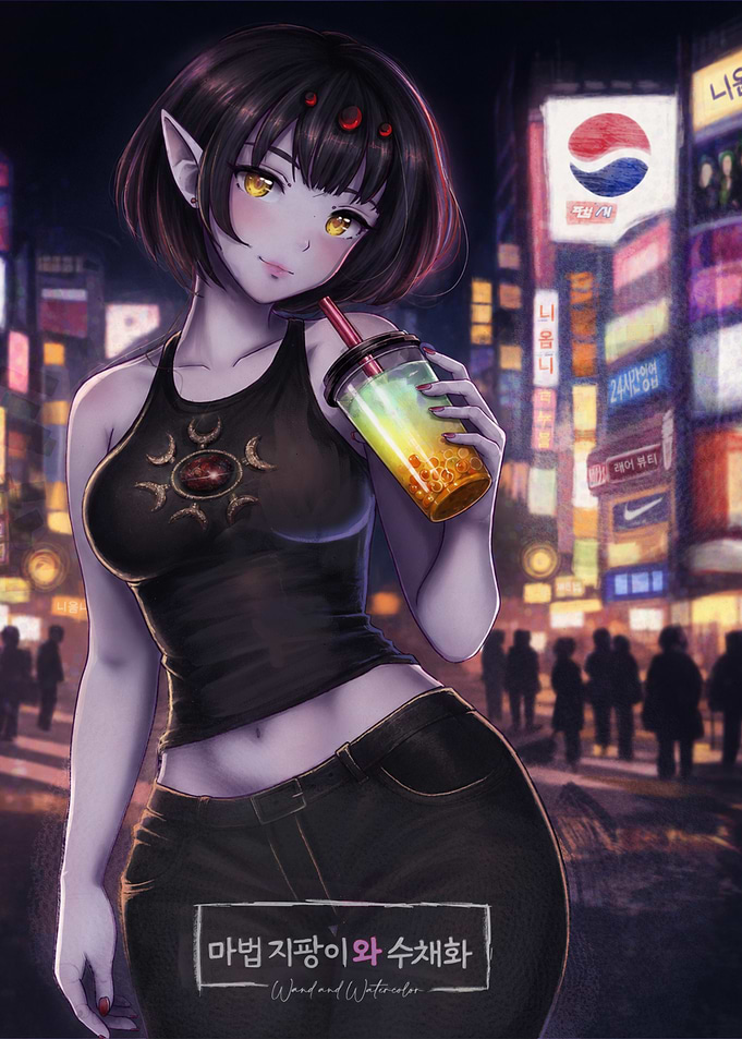 Anime Elf Girl Drinking Bubble Tea