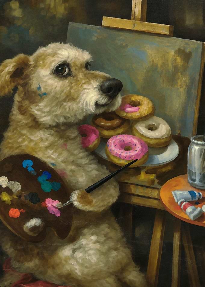 The Donut Artist – Funny Vintage Dog Oil Painting