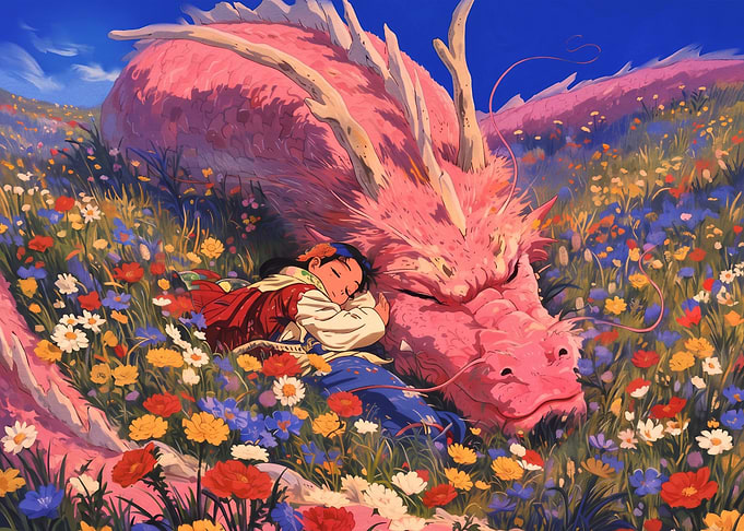 Girl Sleeping with Pink Dragon
