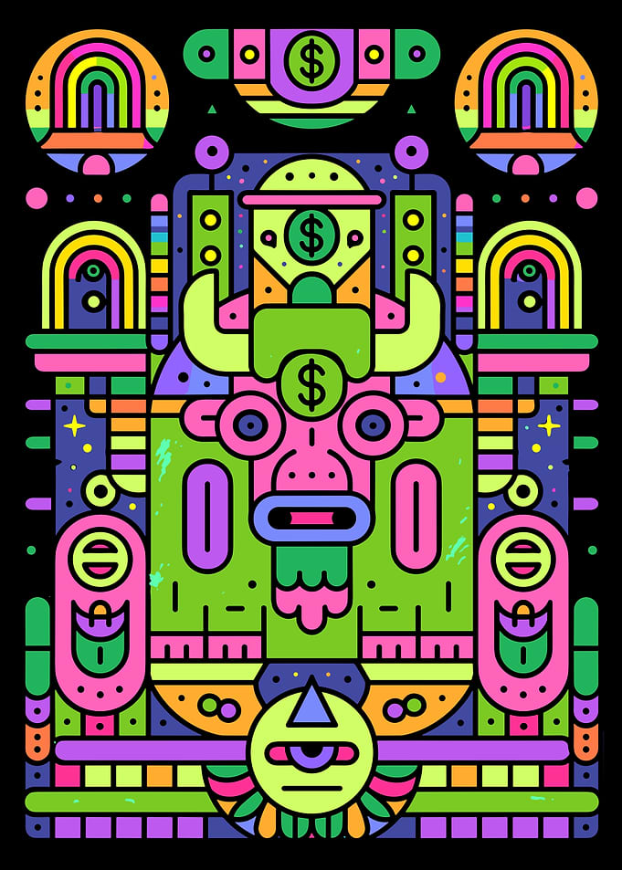 Neon Geometric Bull Totem Art