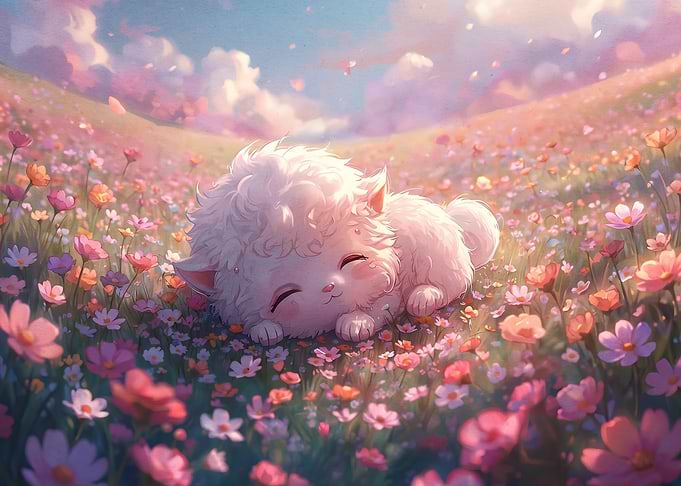 Cute Fluffy Creature Sleeping in Flowers