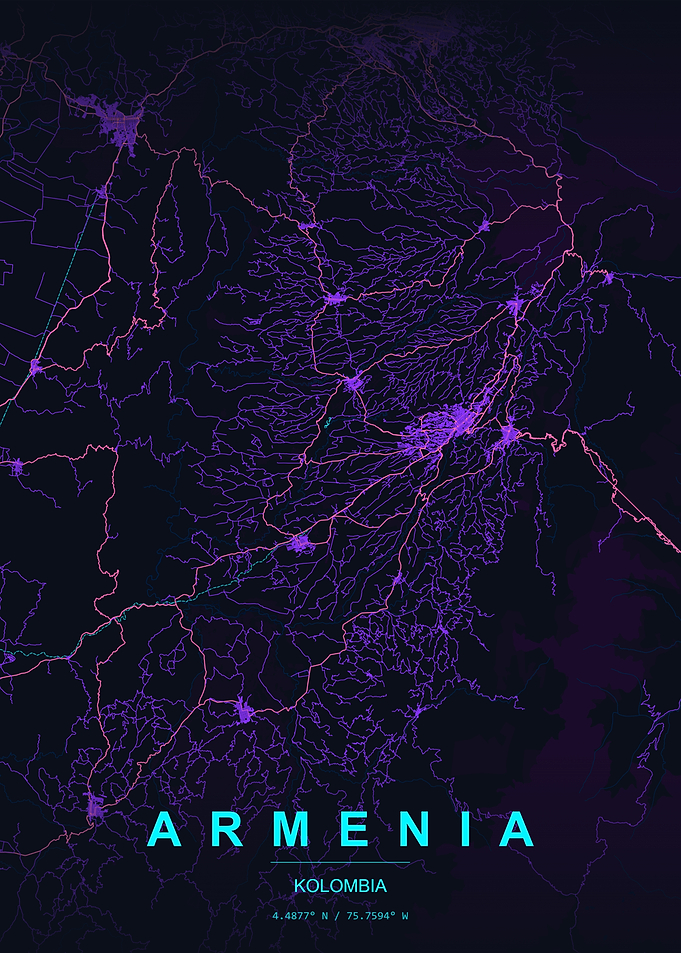 Armenia Colombia Neon Map Print