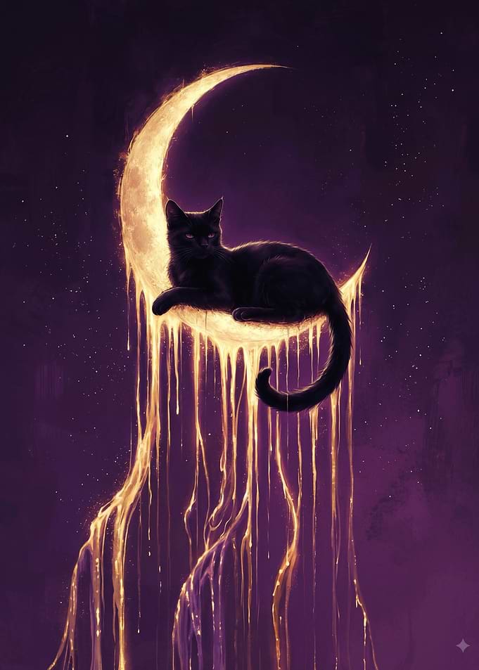 Black Cat Resting on Melting Moon