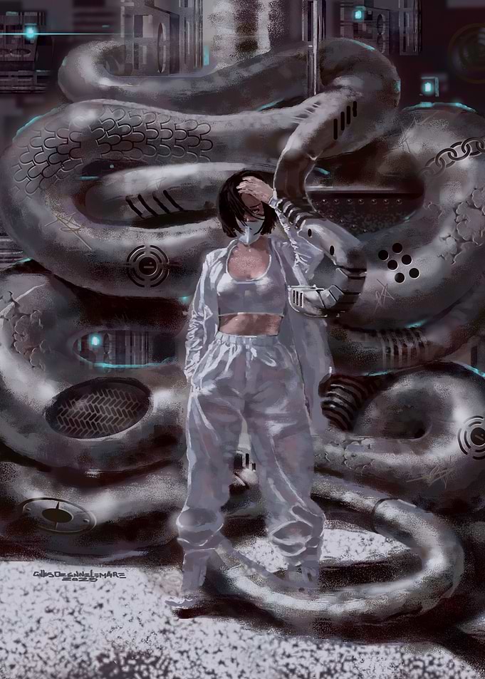Cyberpunk Girl with Mechanical Serpent