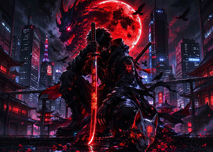 Cyberpunk Samurai Under Red Moon