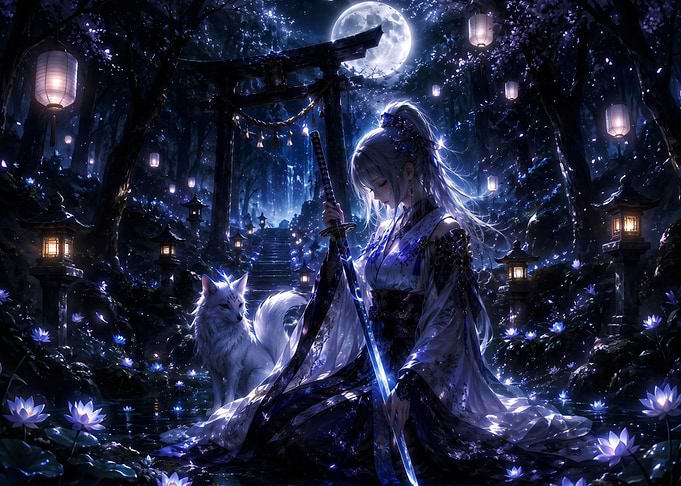 Anime Girl with Fox and Katana