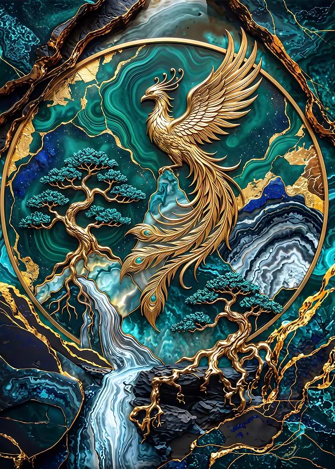 Golden Phoenix and Bonsai Landscape