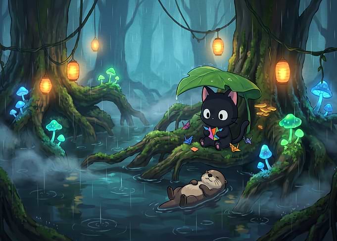 Cute Cat and Otter in Forest