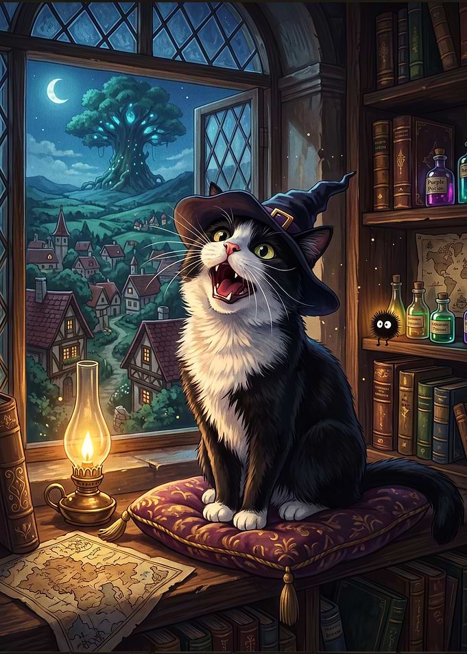 Witch Cat in Magical Library