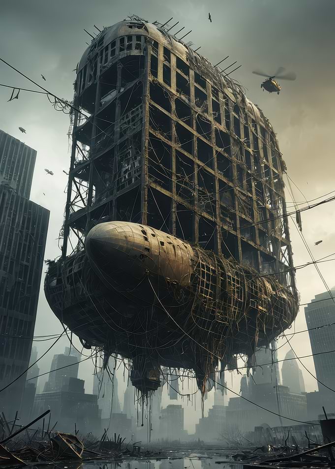 Floating Ruin: Derelict Airliner Fused to a Crumbling Skyscraper