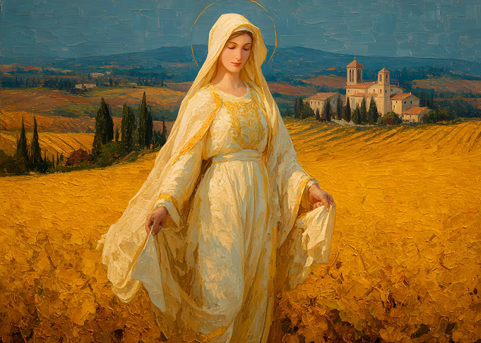 Virgin Mary in Golden Wheat Field