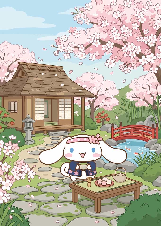 Cinnamoroll Enjoying Tea in Cherry Blossom Garden