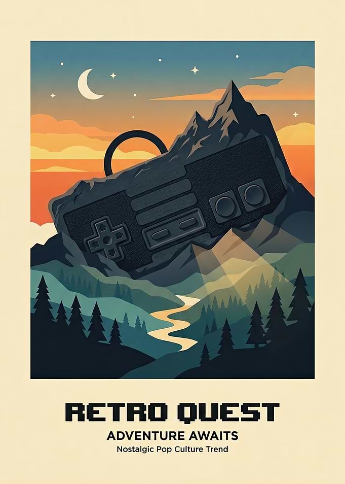 Retro Quest Gaming Mountain Poster