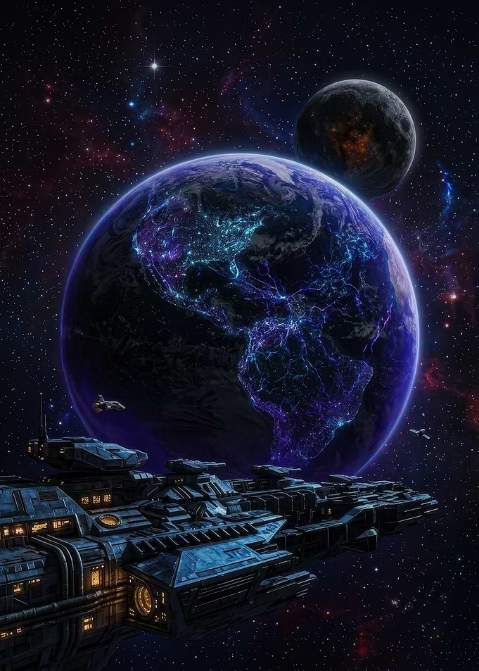 Futuristic Spaceship Orbiting Earth