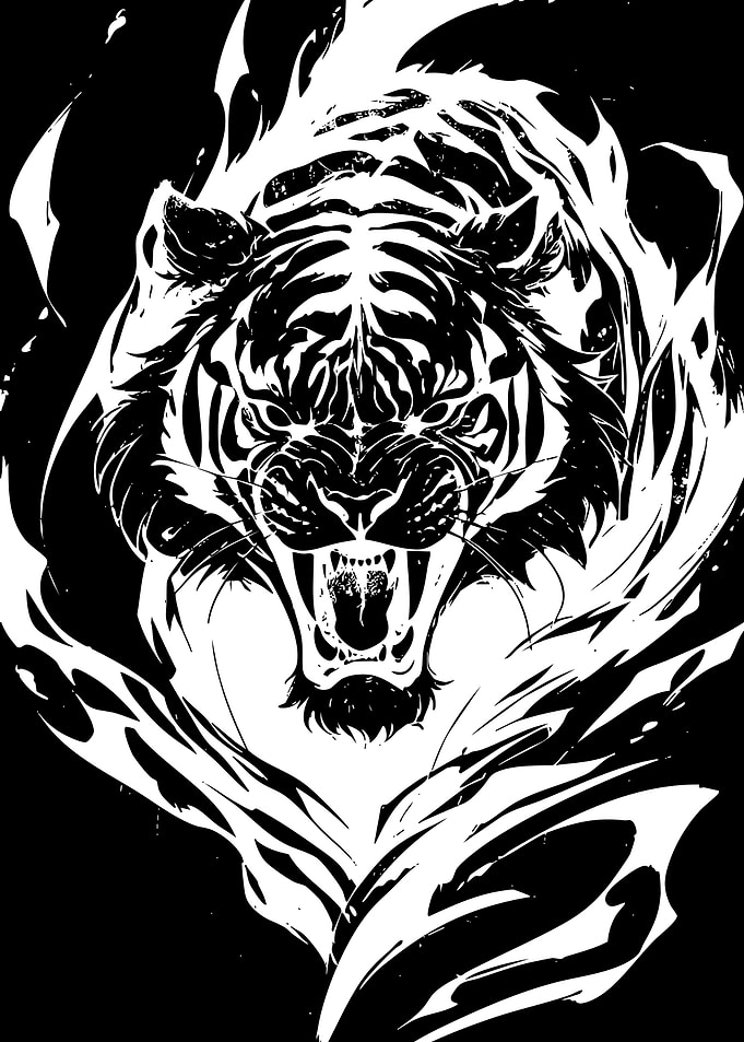 Fierce Black and White Tiger Illustration
