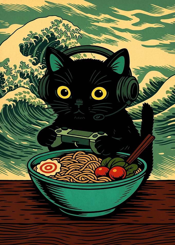 Gaming Black Cat Eating Ramen