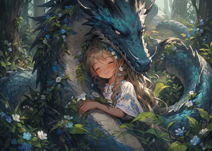 Girl Embracing a Majestic Blue Dragon