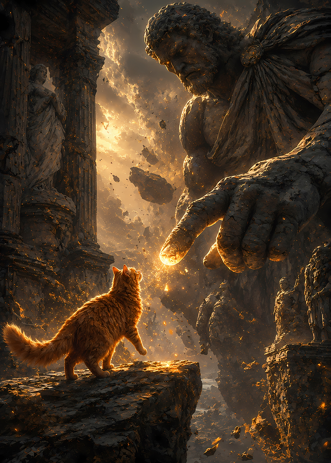 Cat Meeting a Giant Stone God