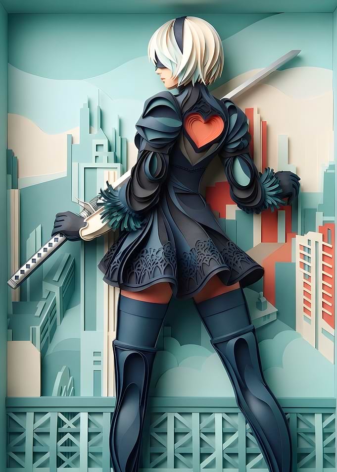 NIER AUTOMATA 2B Papercraft Style Art