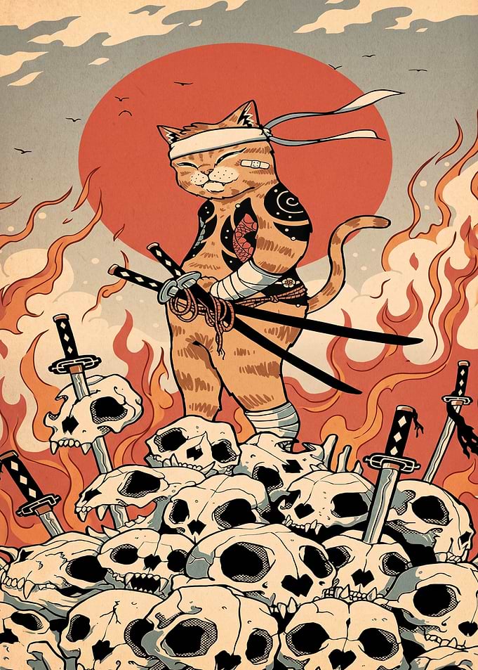 Samurai Cat Warrior on Skull Pile