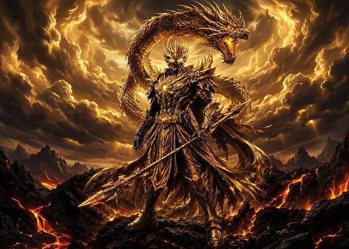 Golden Dragon Warrior in Volcanic Landscape