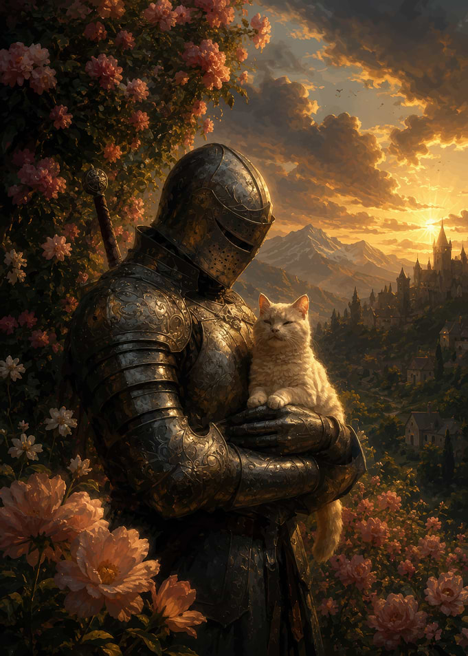 Knight Holding a Cat in Garden
