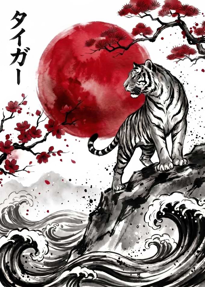 Tiger Under Red Sun Ink Wash