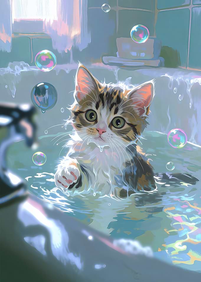 Cute Kitten Taking a Bubble Bath