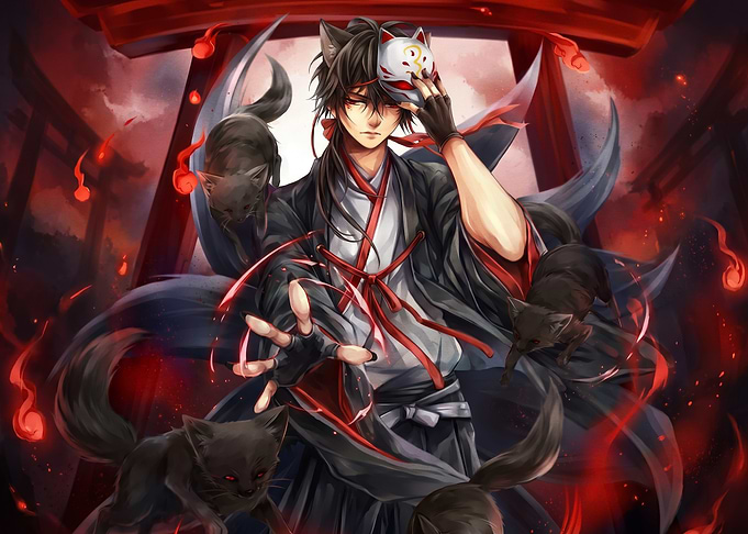 Anime Fox Spirit with Kitsune Mask