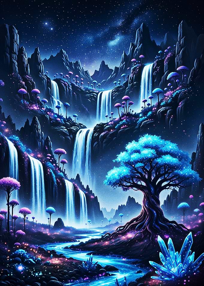 Bioluminescent Fantasy Waterfall Landscape