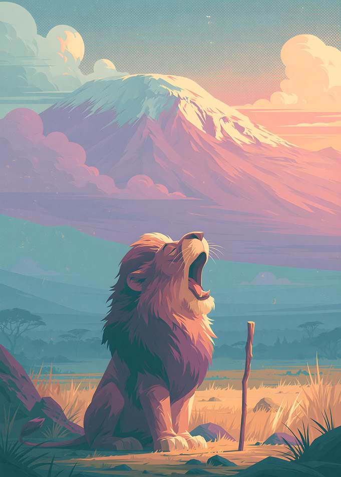 Lion Roaring in African Landscape