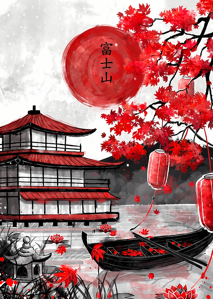 Japanese Temple with Red Maple Leaves