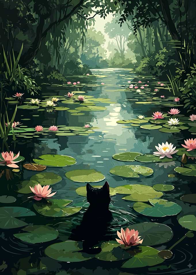 Black Cat in Lotus Pond