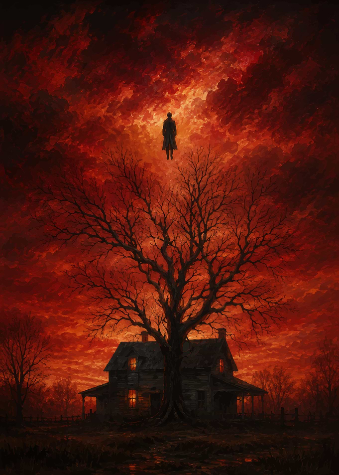 Figure Floating Above Haunted House