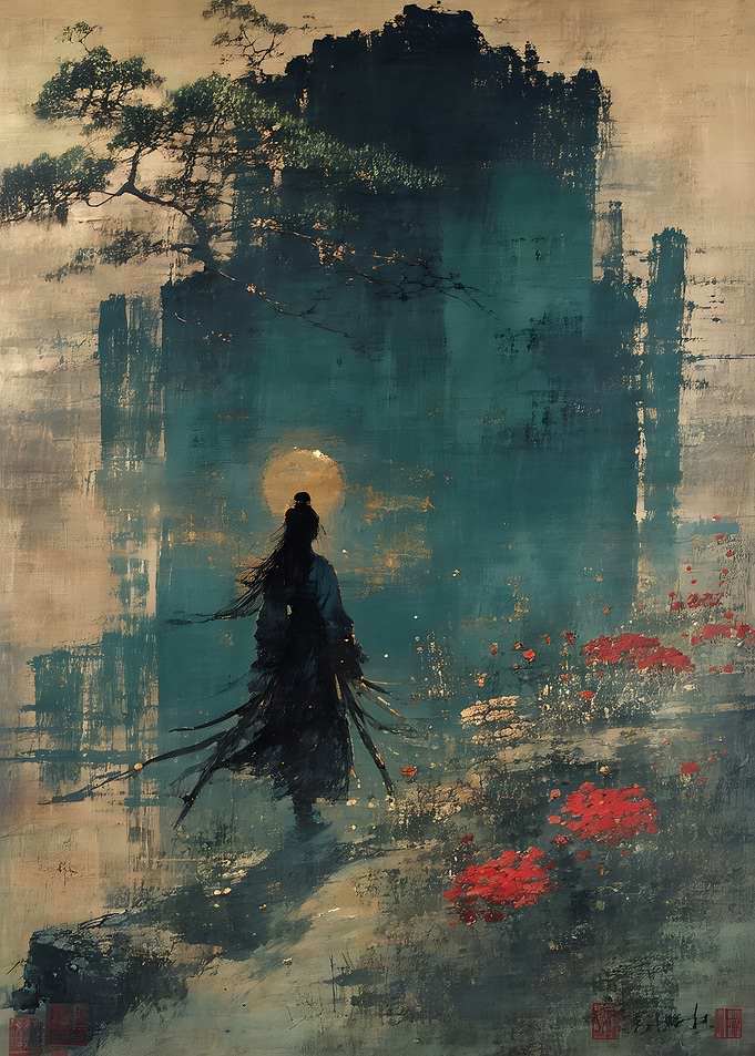 Lone Samurai in Moonlight Landscape