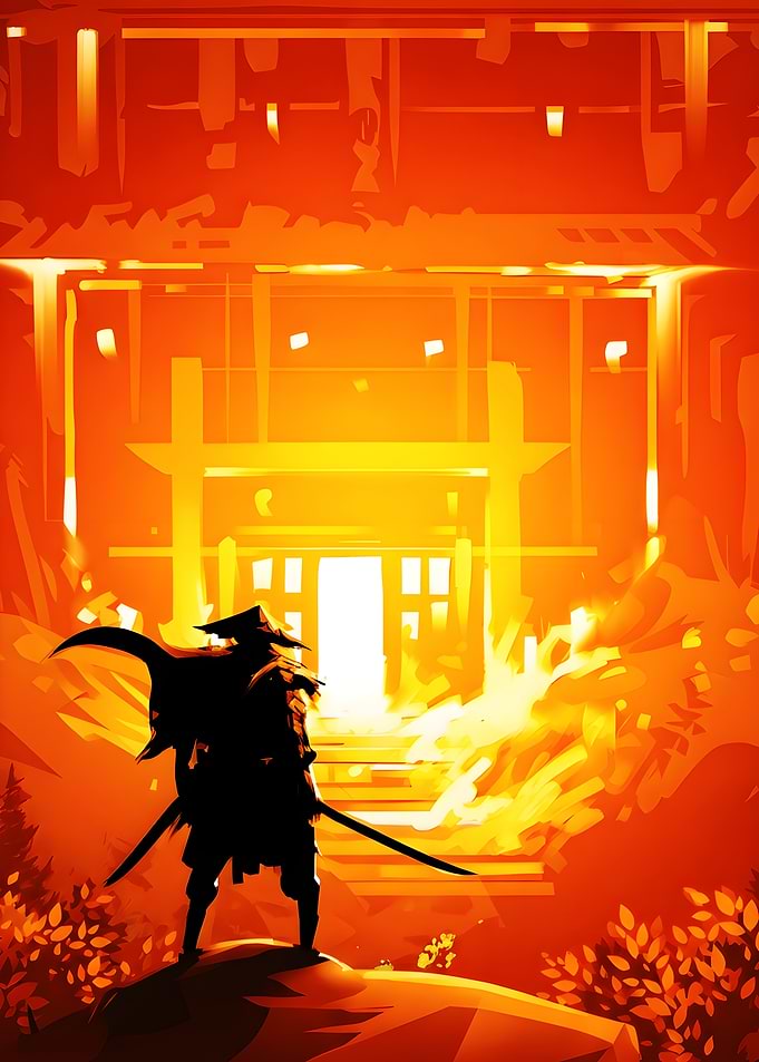 Samurai Facing a Burning Temple