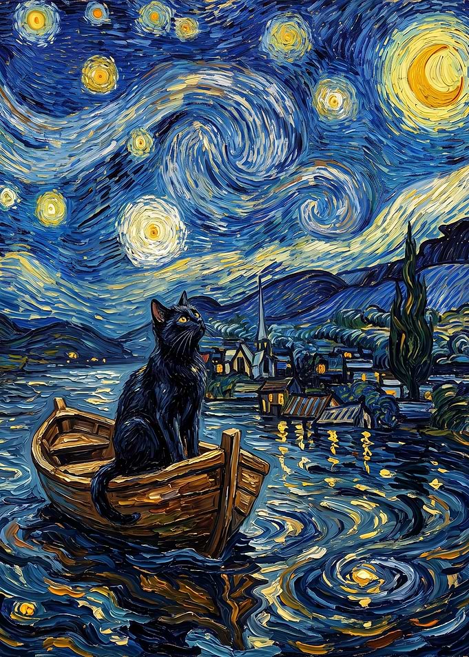 Black Cat in Starry Night Boat