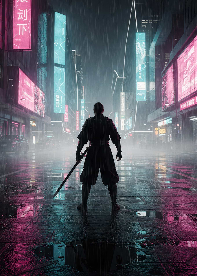 Cyberpunk Samurai in Rainy City