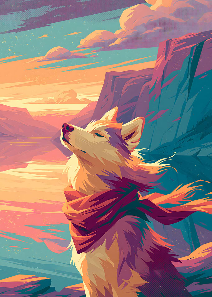 Wolf in Scarf at Sunset